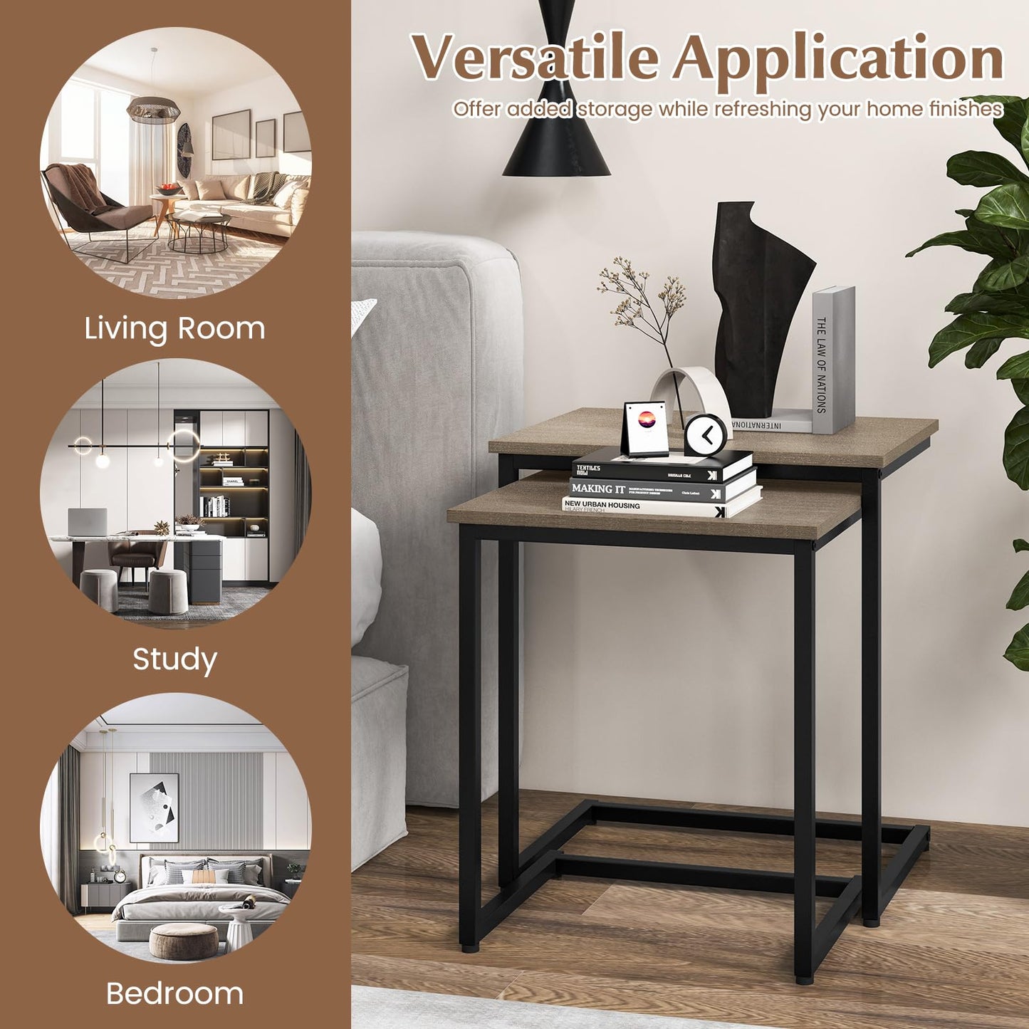 Giantex Nesting Coffee Table Set of 3, Stackable Square End Table w/Wood Grain Tabletop & Heavy-Duty Metal Frame, Farmhouse C-Shaped Accent Table for Small Space, Living Room, Bedroom (Black Oak)