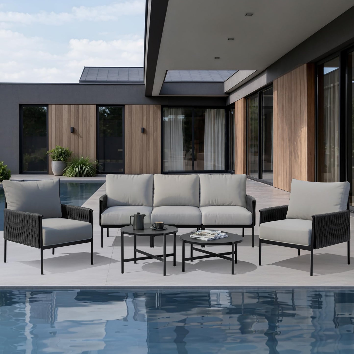 Pamapic 7-Piece Woven Rope Outdoor Furniture Set, Iron Frame Patio Conversation Set with Thick Cushions & 2 Coffee Tables, All-Weather Sectional Patio Furniture Set for Backyard, Porch, Grey