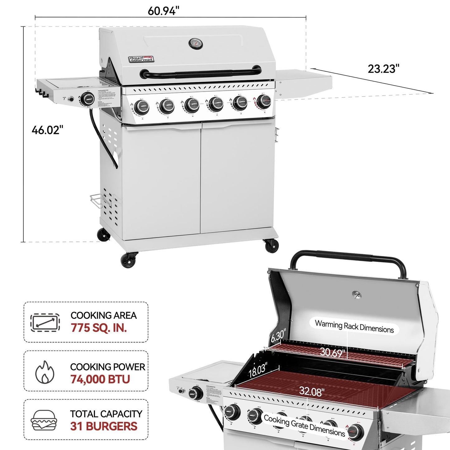 Royal Gourmet GA6406W 6 Burner Propane Gas Grill with Foldable Right-Side Table, 74,000 BTUs, Cabinet Style Gas BBQ Grill with Side Burner for Barbecue Grilling & Backyard Cooking, White
