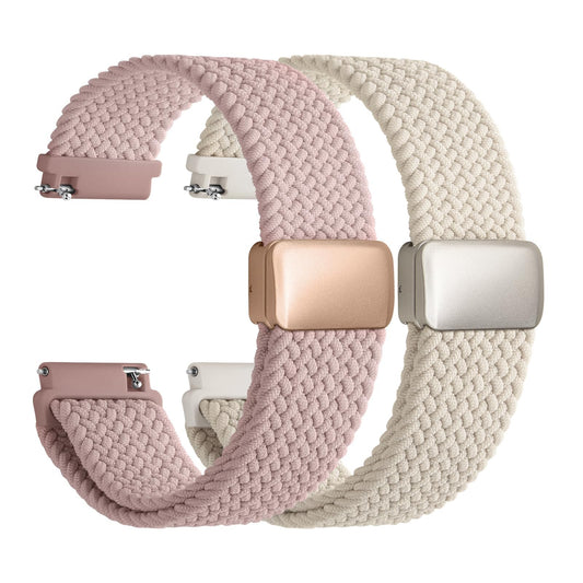 Fullmosa Magnetic Braided Watch Bands - 18mm 20mm 22mm Quick Release Watch Strap, Stretchy Nylon Solo Loop Compatible with Garmin Samsung Galaxy Amazfit for Men Women(20mm, Starlight+Muted Pink)