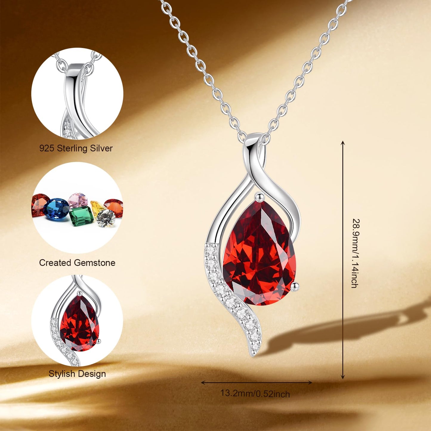 FANCIME January Birthstone Necklace for Women Teardrop Garnet Necklace S925 Sterling Silver Gentle Love Birthday Gifts for Mom Women, 16"+2" Inches