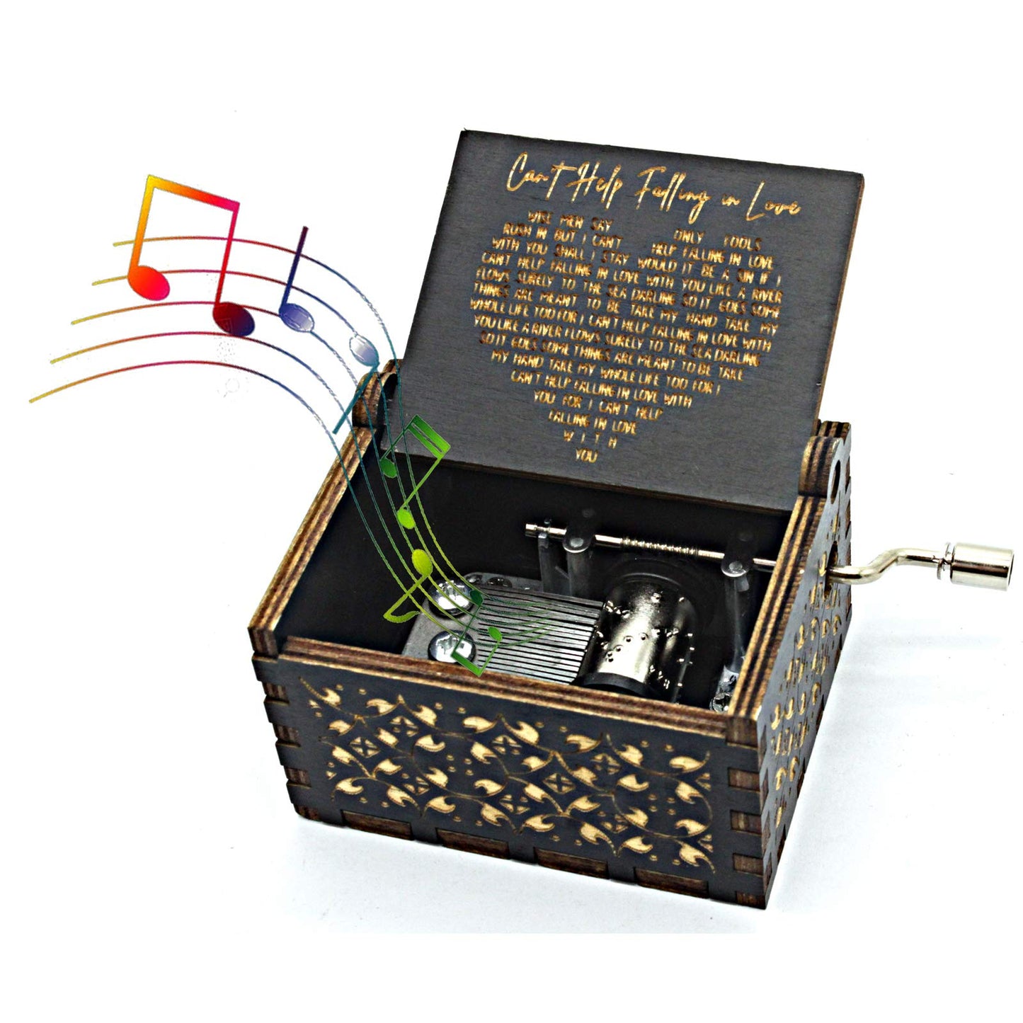 byykit Can't Help Falling in Love Wood Music Box, Antique Engraved Musical Boxes Case for Love One Wooden Music Box - Gifts for Lover, Boyfriend, Girlfriend, Husband, Wife (Black)