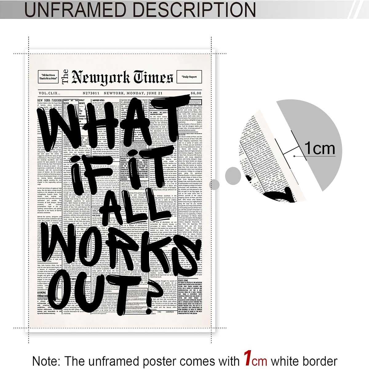 Drimiler Retro Black And White Newspaper Poster What If It All Works Out Canvas Wall Art Positive Affirming Quote Minimalist Prints Painting For Home Bedroom Dorm Wall Decor 8x12in Unframed