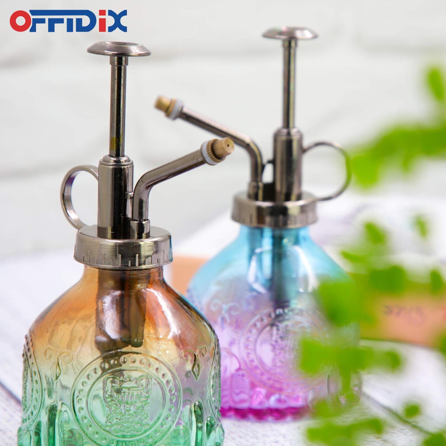 OFFIDIX Glass Plant Mister Spray Bottle, Vintage Spritzer, Succulent Watering Bottle with Bronze Plastic Top Pump, Small Sprayer Mister for Garden and Indoor Plants