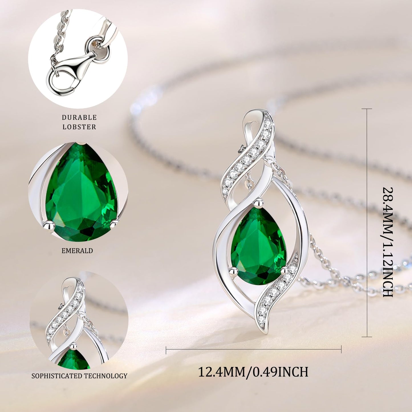 FANCIME May Birthstone Necklace for Women Emerald Teardrop Necklace Sterling Silver Infinity Love Birthday Mothers Day Gifts for Mom Women Her, 16"+2" Inches