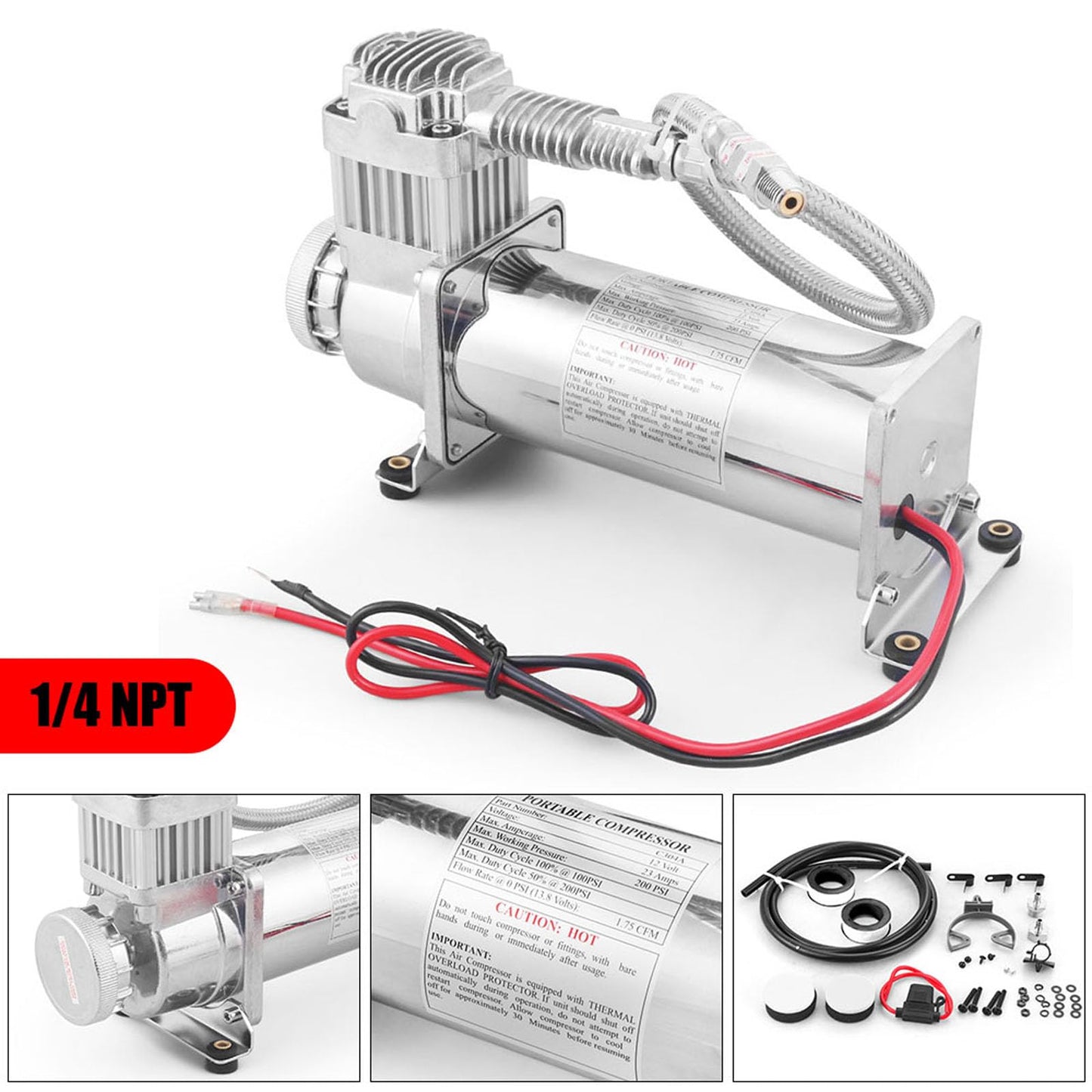 Heavy Duty Universal 200PSI Air Horn Compressor 1/4NPT Hose Kit Compatible With For Suspension/Air Bag/Train Horn DC 12V 480C