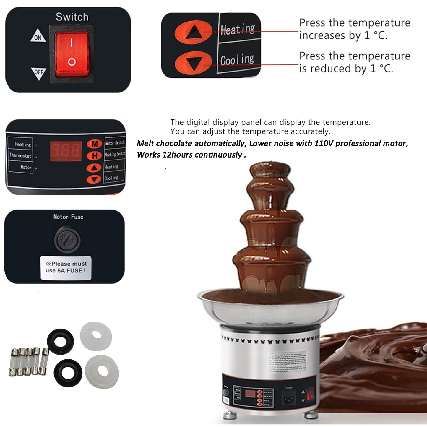 PreAsion Chocolate Fountain 110V Electric 4-Tiers Digital Chocolate Fountain Melting Machine Heating Fondue Fountain,3kg of chocolate