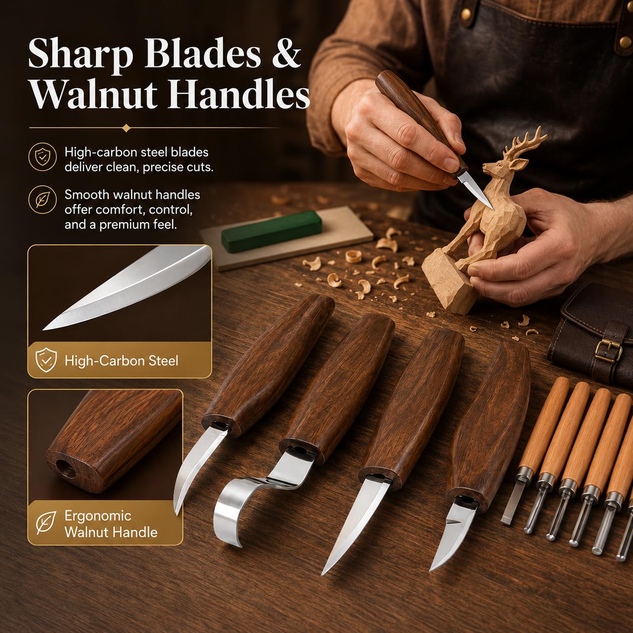 26Pcs Deluxe Wood Carving Kit, Whittling Knife Set with Leather Storage Case, Basswood Blocks & Safety Gloves, Woodworking Tools for Beginners Adults Kids, DIY Craft Gift for Men Teens