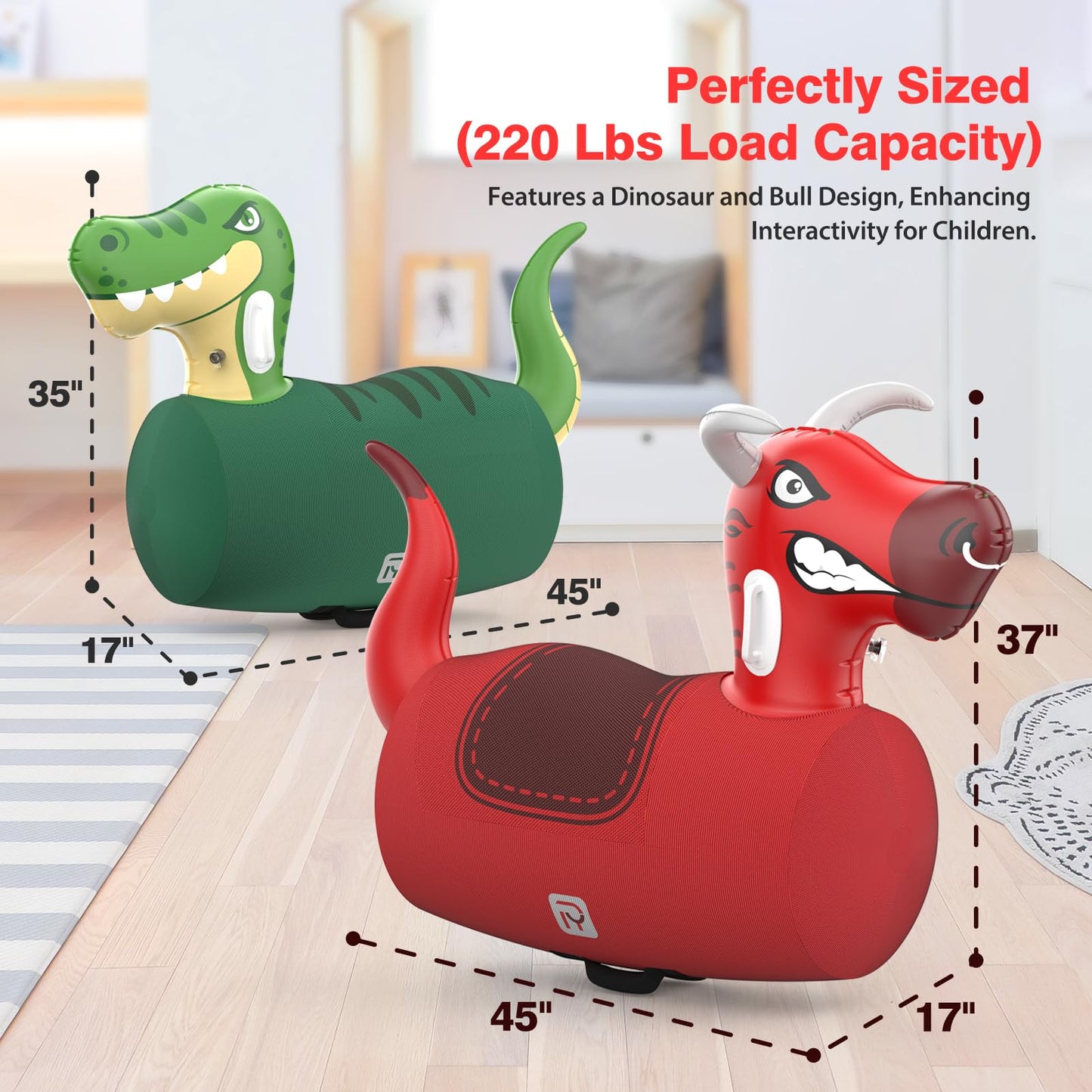POVYRE Kids Boys Outdoor Toys, 2 PCS Giant Inflatable Dinosaur Bull Toys Bouncy Hopper with Pump, Ride-on Jumping Animal for Indoor Outdoor Play, 220 lbs Capacity, Gift for Ages 5+