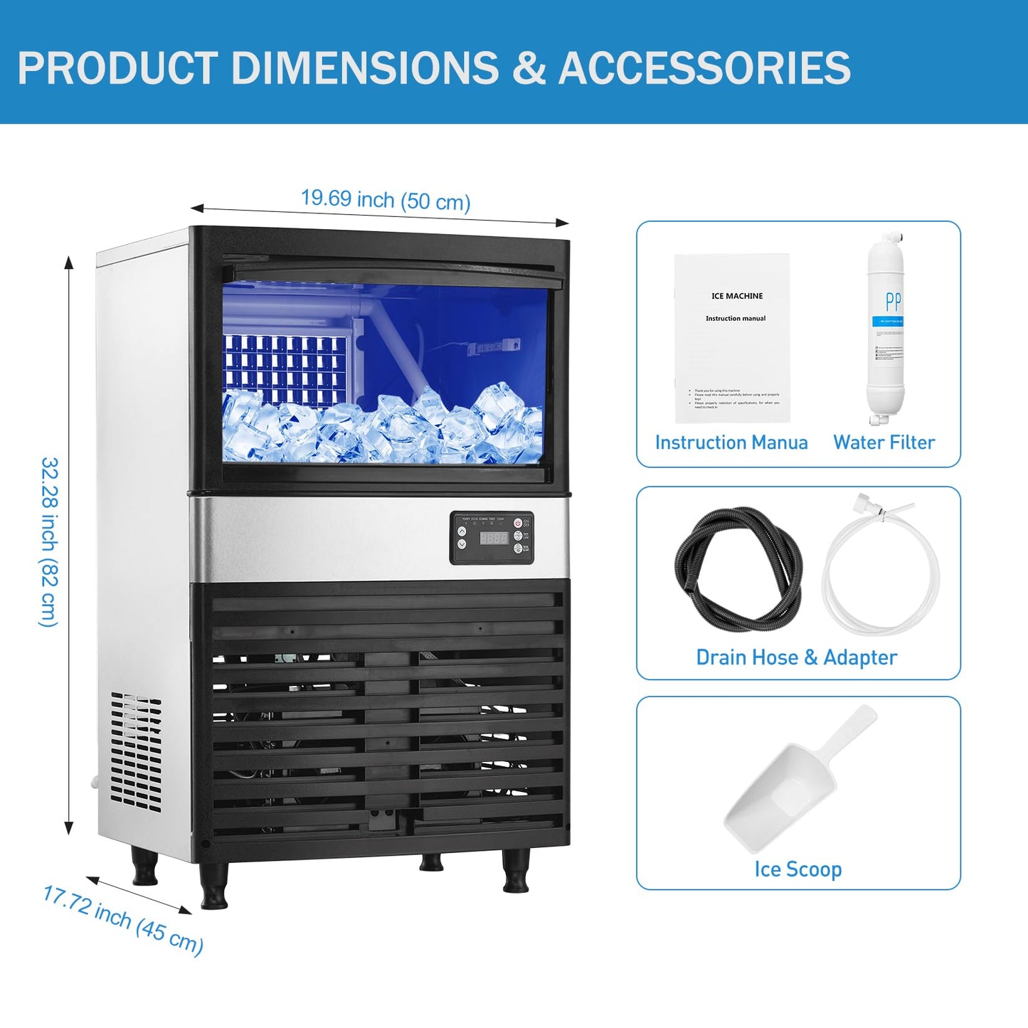 Commercial Ice Maker, 2 Water Inlet Modes, Ice Machine 120Lbs/24H with 30Lbs Storage Capacity, 60Pcs/Cycle Ice Cubes, Stainless Steel Freestanding Ice Machine for Home/Shop/Office/Bar