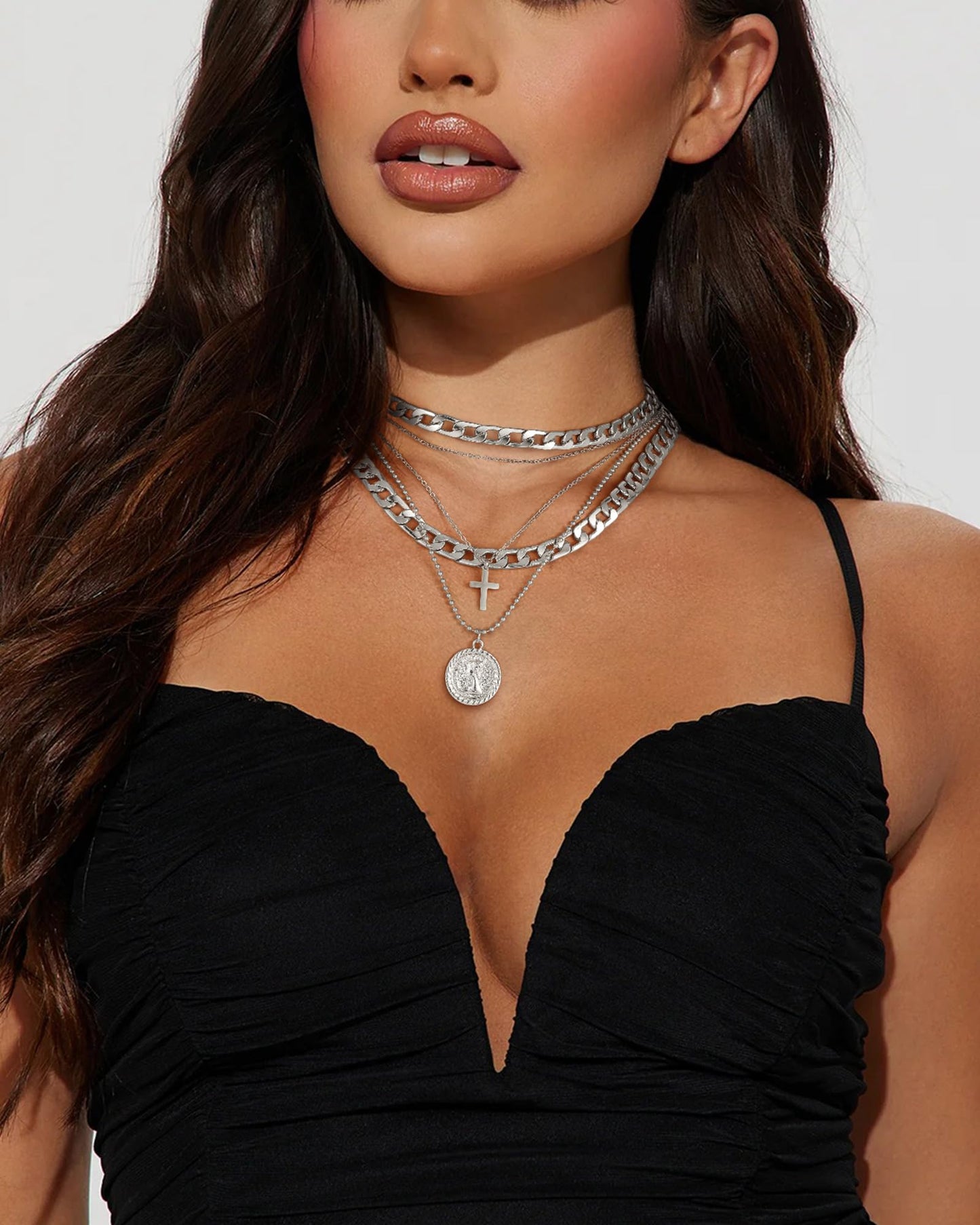 MJartoria Gold Layered Necklaces for Women Trendy Retro Coin Pendant Necklace Dainty Chunky Chain Choker Necklaces for Jewelry Birthday Gifts (Silver, A-Y-Retro Coin-Cross-5 in 1 Layered)