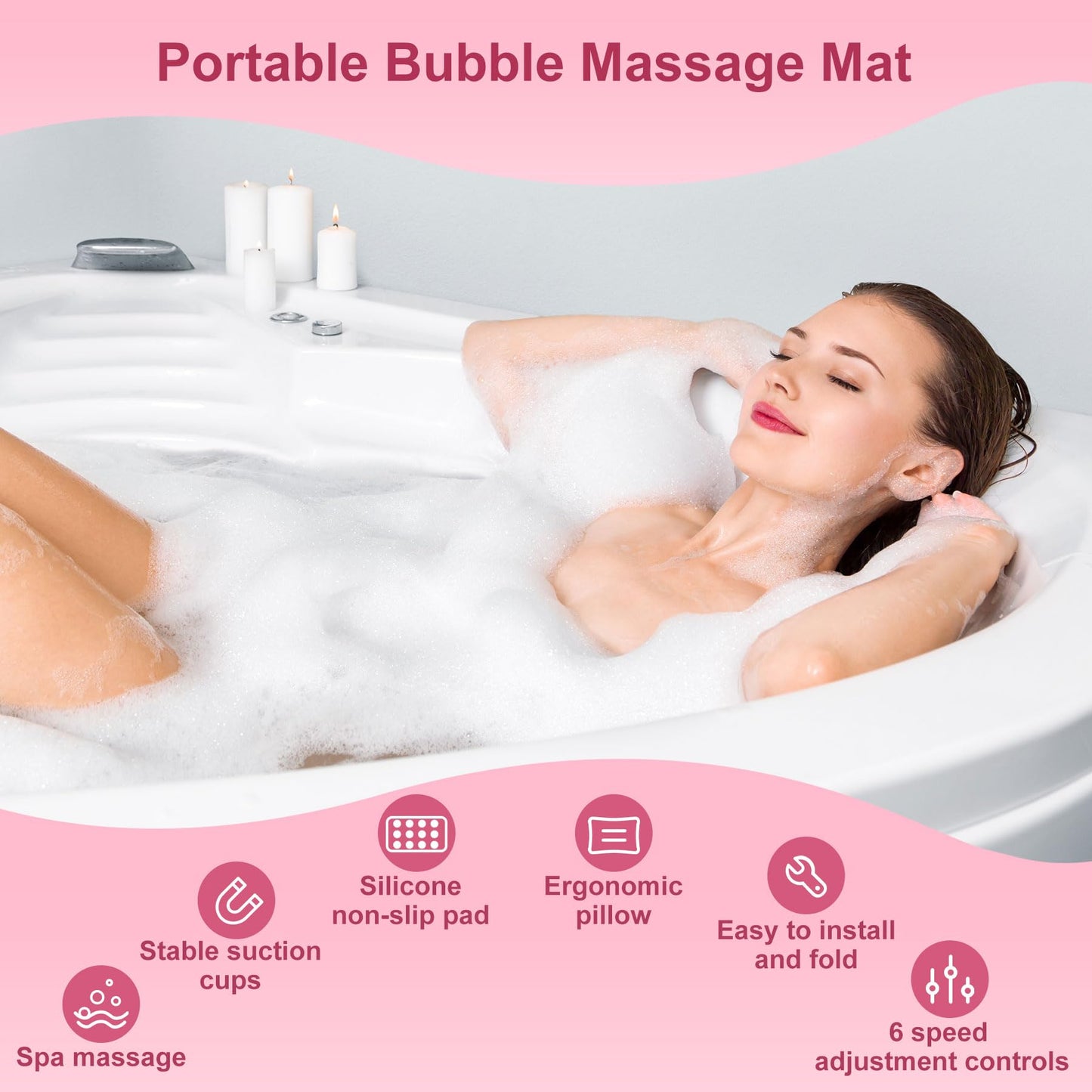 Electric Bubble Massage Mat with Pillow for Bathtub - Portable Spa Bubble Bath Massager, 6-Speed Adjustable Jet Spa & Remote Control, 13 Suction Cups, 74 Air Jets for Full-Body Relaxation