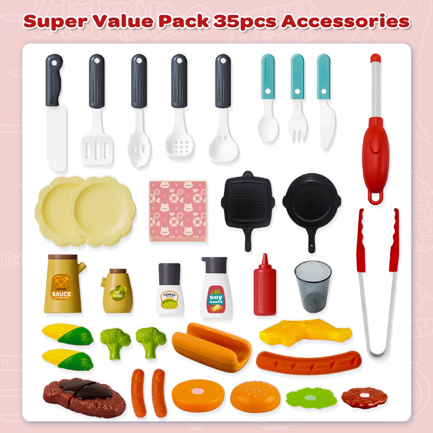 35pcs Kitchen Toy Set, Toy BBQ Grill Set, Cooking Toy Set, Little Chef Play, Kids Grill Playset Interactive BBQ Toy Set, Kids Kitchen Playset Toy Christmas Birthday Gift
