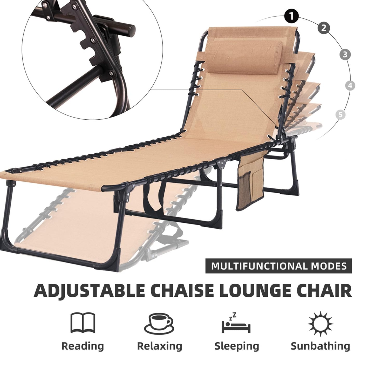 Foristrail Folding Chaise Lounge Chair Bed - Heavy-Duty 400lb Capacity Portable Adjustable Recliner w/Pillow for Patio, Pool, Camping, Sunbathing - Lay Flat Design (Beige)