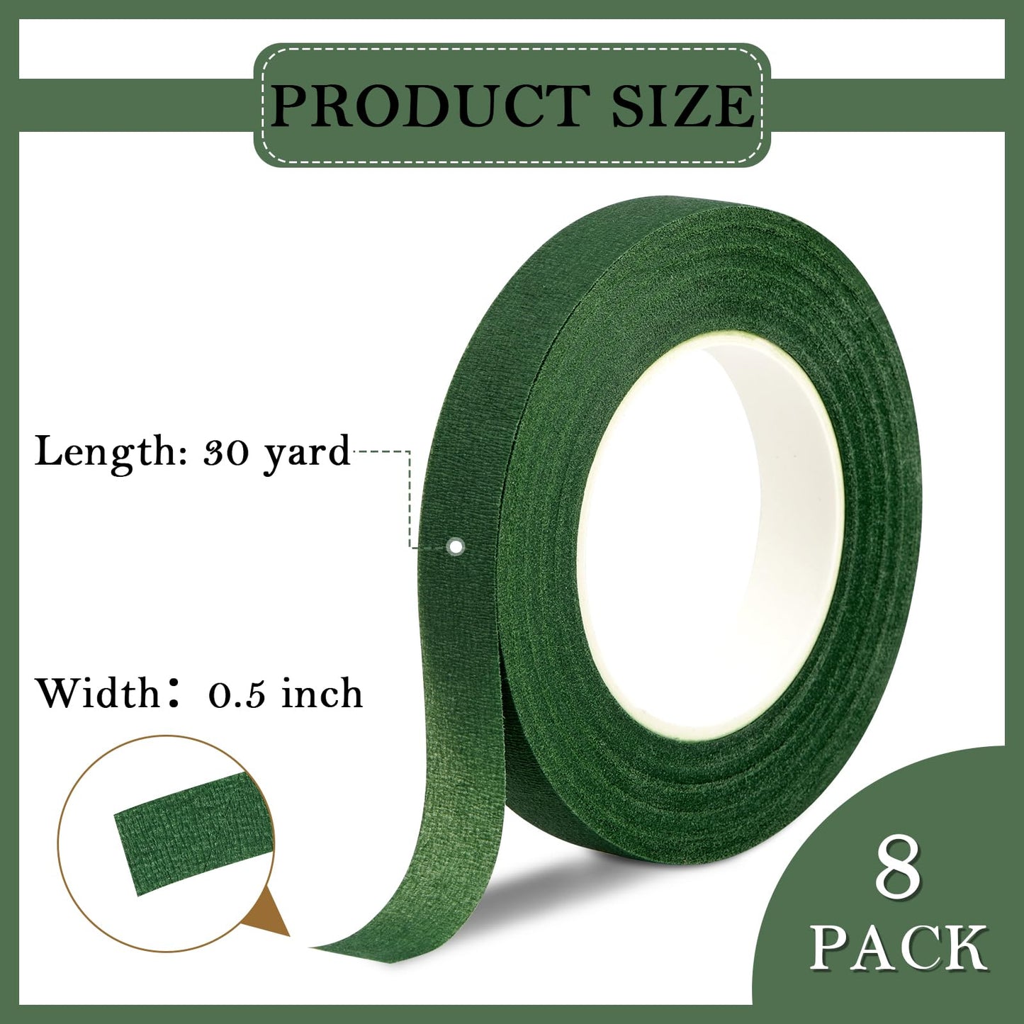 COIDEA 8 Rolls Floral Tape, 1/2" Wide Flower Tape, Dark Green Floral Tape for Fresh Flowers, Adhesive Florist Tape for Floral Crafts, Bouquet Floral Arranging Stem Wrapping, Wedding Bouquet, 30Yard