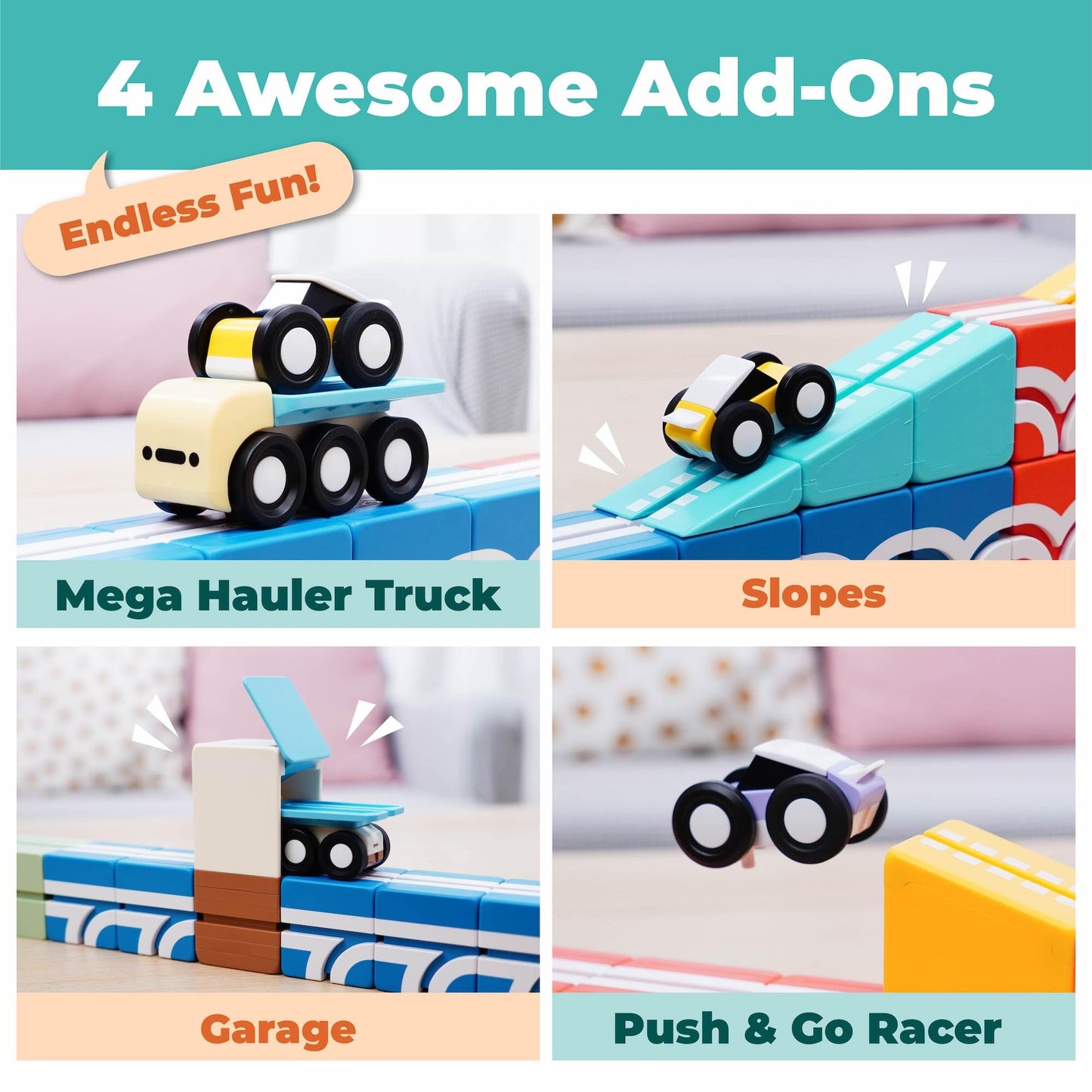 QBI STEM All-in-1 Toy Set with 5 Cars & 3D Tracks | Open Ended Educational Sensory Magnet Cubes | Montessori Toys, Magnetic Building Blocks for Boys & Girls (49 Pieces)