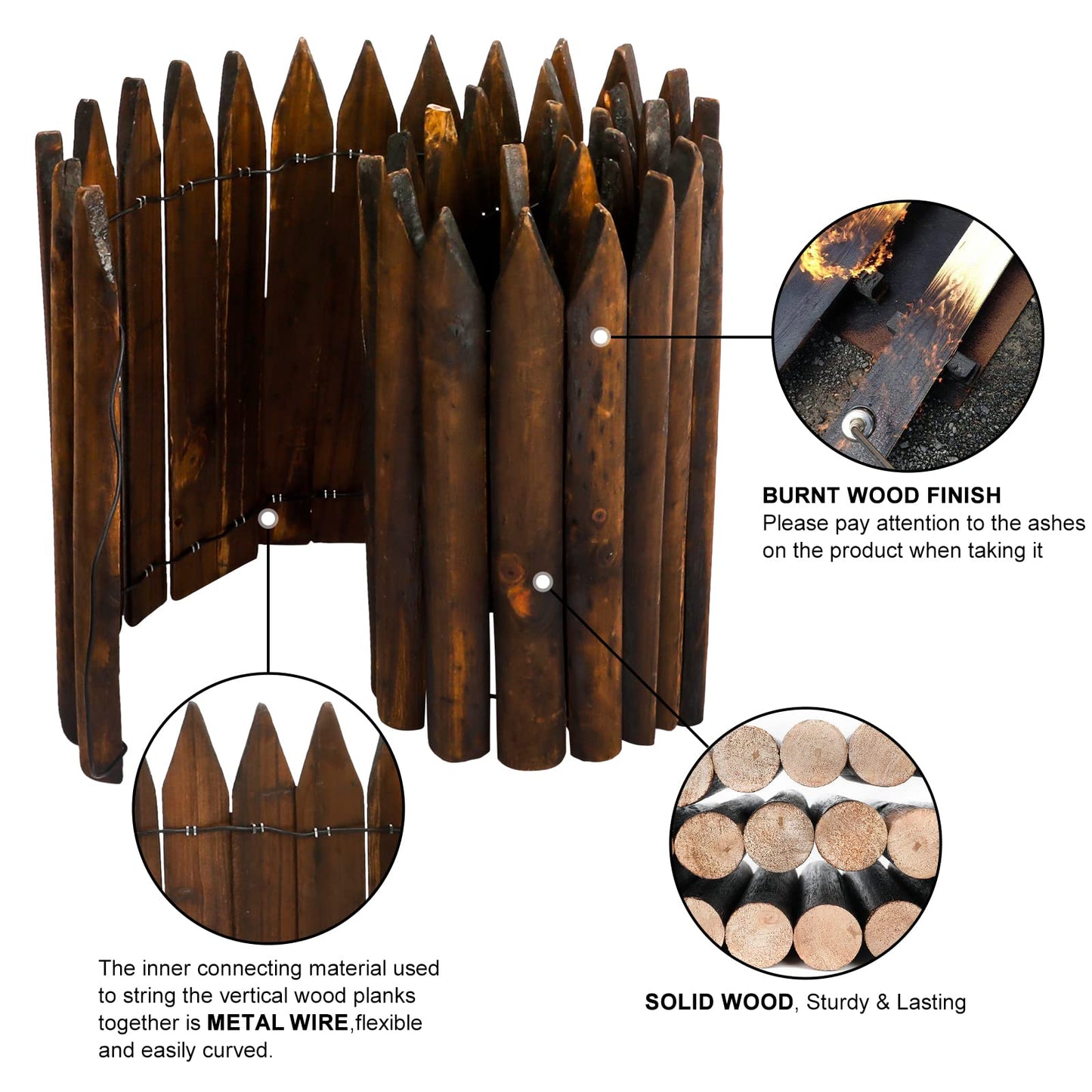 Worth Garden Wooden Short Fence Lawn Edging – Burnt Wood Finish Flexible Garden Border, No Dig Landscape Edging for Flower Beds, Tree Border & Yard – 7.9” H x 42” L