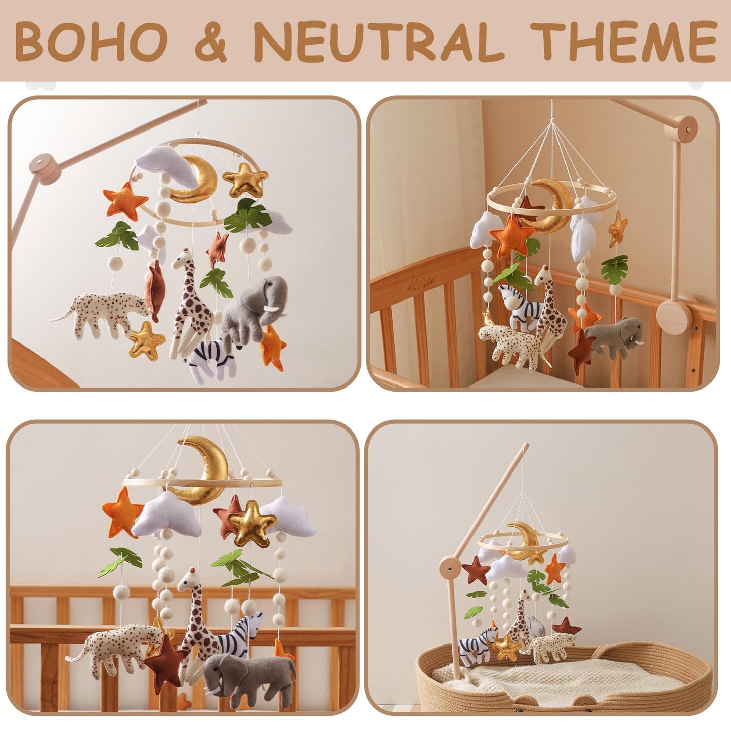 Wonderoo by Wowo Baby Mobile for Crib – Handmade Hanging Felt Nursery Mobile – Fits Most Crib Arms – Gender-Neutral Safari Animals Nursery Decor & Baby Gift