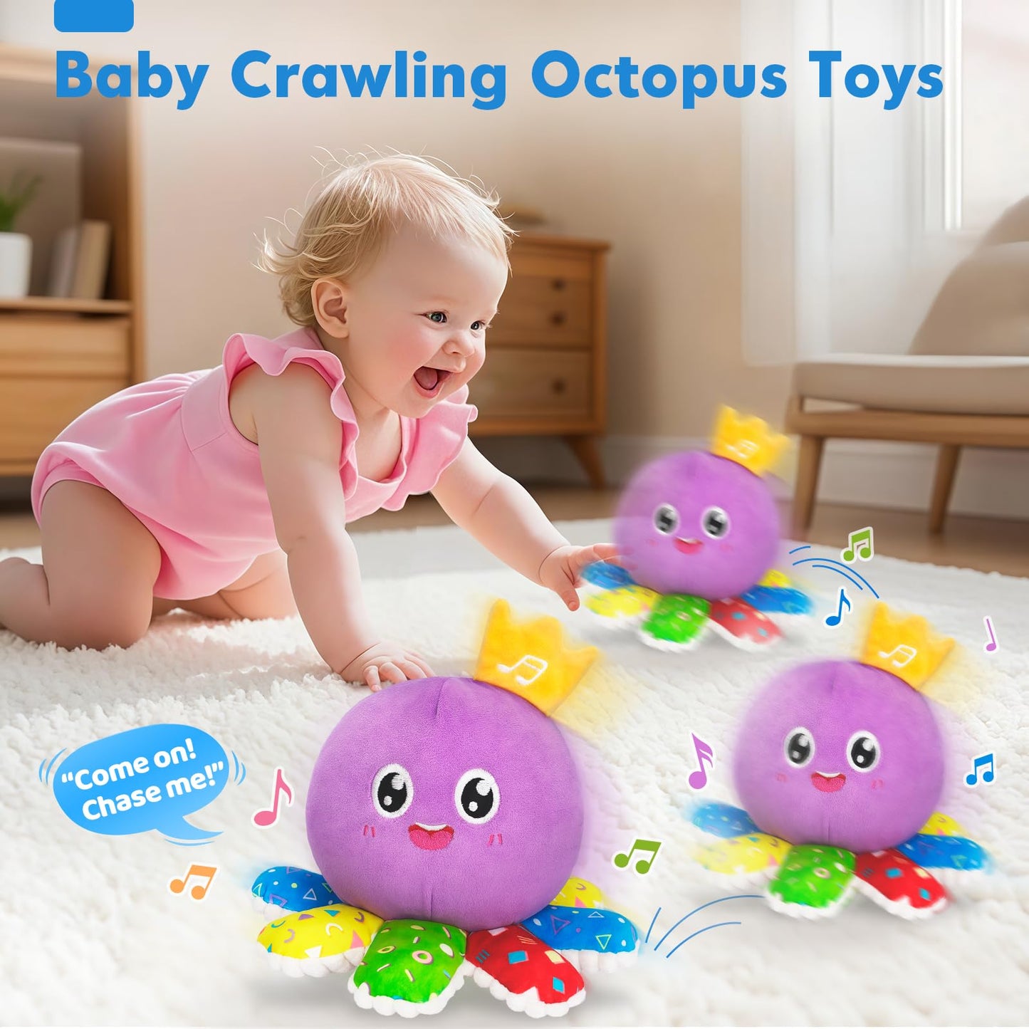 Baby Toys 6-12 Months,Musical Crawling Octopus Plush Toy,Sensory Toys for Infants,Birthday Boy 7 8 9 10 12-18 Month,Tap and Voice Interaction,Walking Bouncing Learning Tummy Time Toy