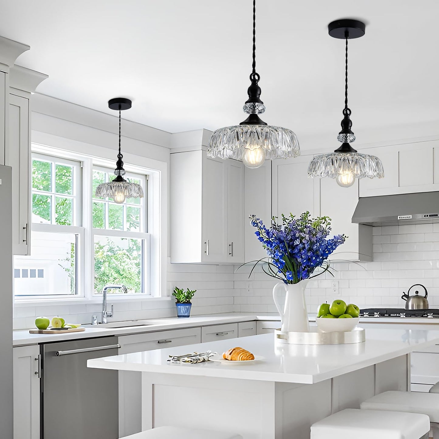 CVKASH Vintage Glass Pendant Light Fixture Black Modern Adjustable Chandelier Hanging Light for Farmhouse Dining Room Kitchen Bedroom Hallway Island