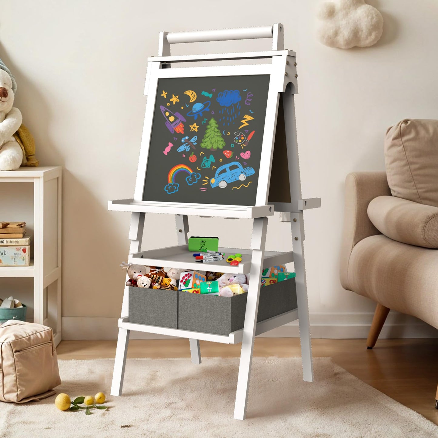 JOYOOSS Art Easel for Kids Ages 4-8 Easels for Toddlers Art Kids Easel Ages 8-12 Wooden Magnetic Whiteboard Chalkboard with Paper Roll for Kid Dry Erase Board Drawing Easels