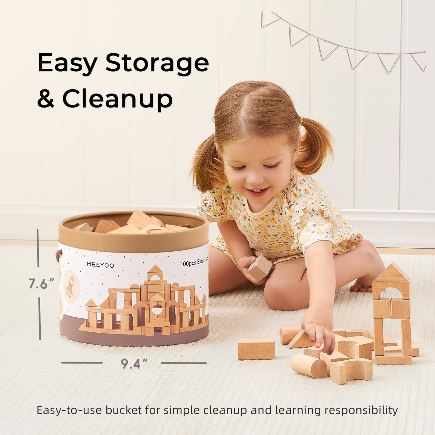 MEEYOO 100pcs Natural Beech Wooden Building Blocks for Toddlers 1-3, Wooden Blocks for Baby Shower with Storage Bucket, Montessori Toys for Preschool Girls and Boys