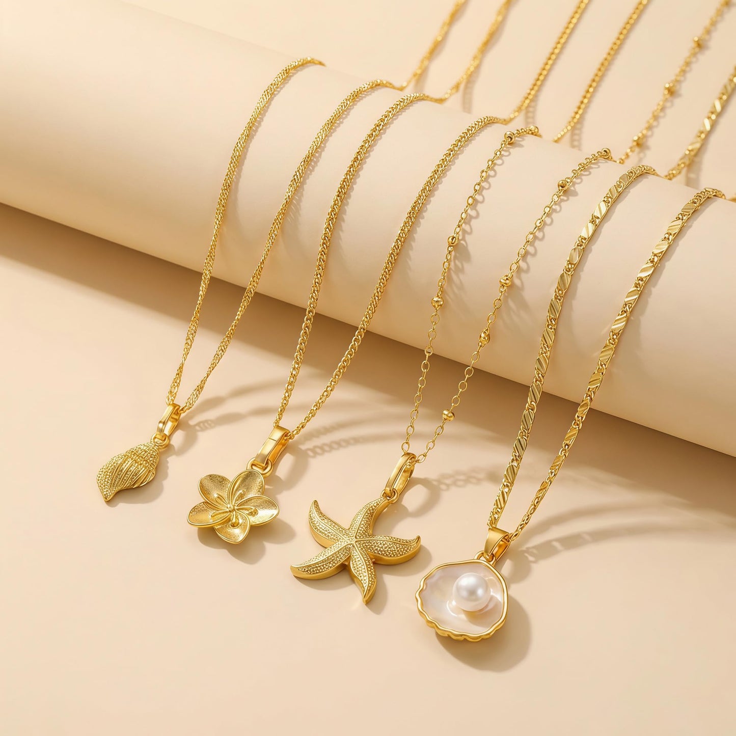 Shell Starfish Necklace for Women, Gold Plated Boho Layered Pendant Necklace with Pearl Conch Charm, Dainty Coastal Summer Beach Vacation Jewelry Gifts(Flower)