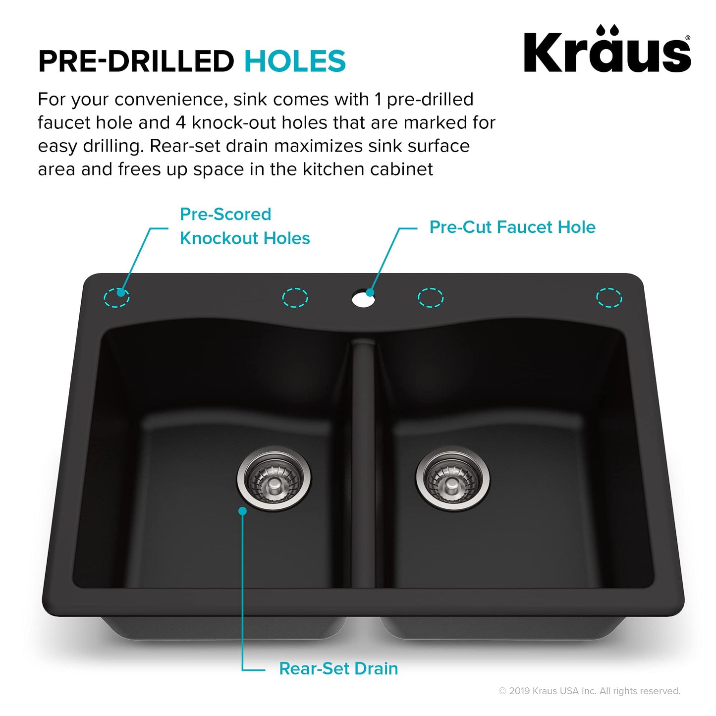 KRAUS Forteza 33-inch Drop in/Undermount 50/50 Double Bowl Granite Kitchen Sink in Black, KGD-52BLACK