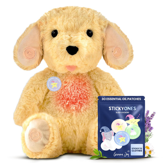 Gemma Joy Bedtime Baby Soothers & StickyOnes Sleep Patches - Cry Activated Heartbeat Puppy Plush Toy, Stuffed Animal with Calming Light & All-Natural, No Melatonin Bedtime Patches for Kids and Baby