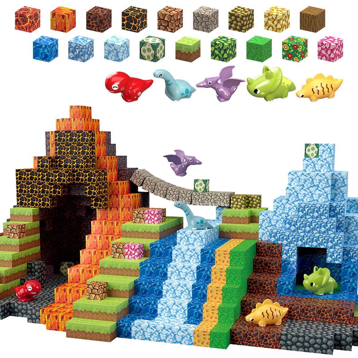 Daoyehsy 205Pcs Magnetic Blocks Dinosaur Toys Build 3D World, 1" Magnetic Building Blocks Magnet Cubes Tiles for Toddler Boys Girls 3+, STEM Sensory Building Toys Games
