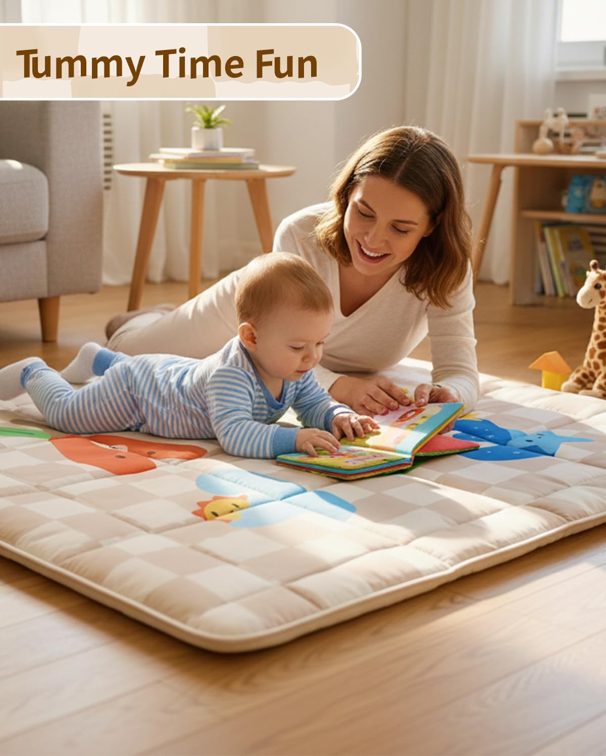 Baby Play Mat, Foldable Play Mats for Floor, 50x50 Inches Crawling Mat for Playpen with Anti-Slip Bottom, Machine Washable, Thicken Padding Foam Playmats for Babies and Toddlers (Sand Checks)