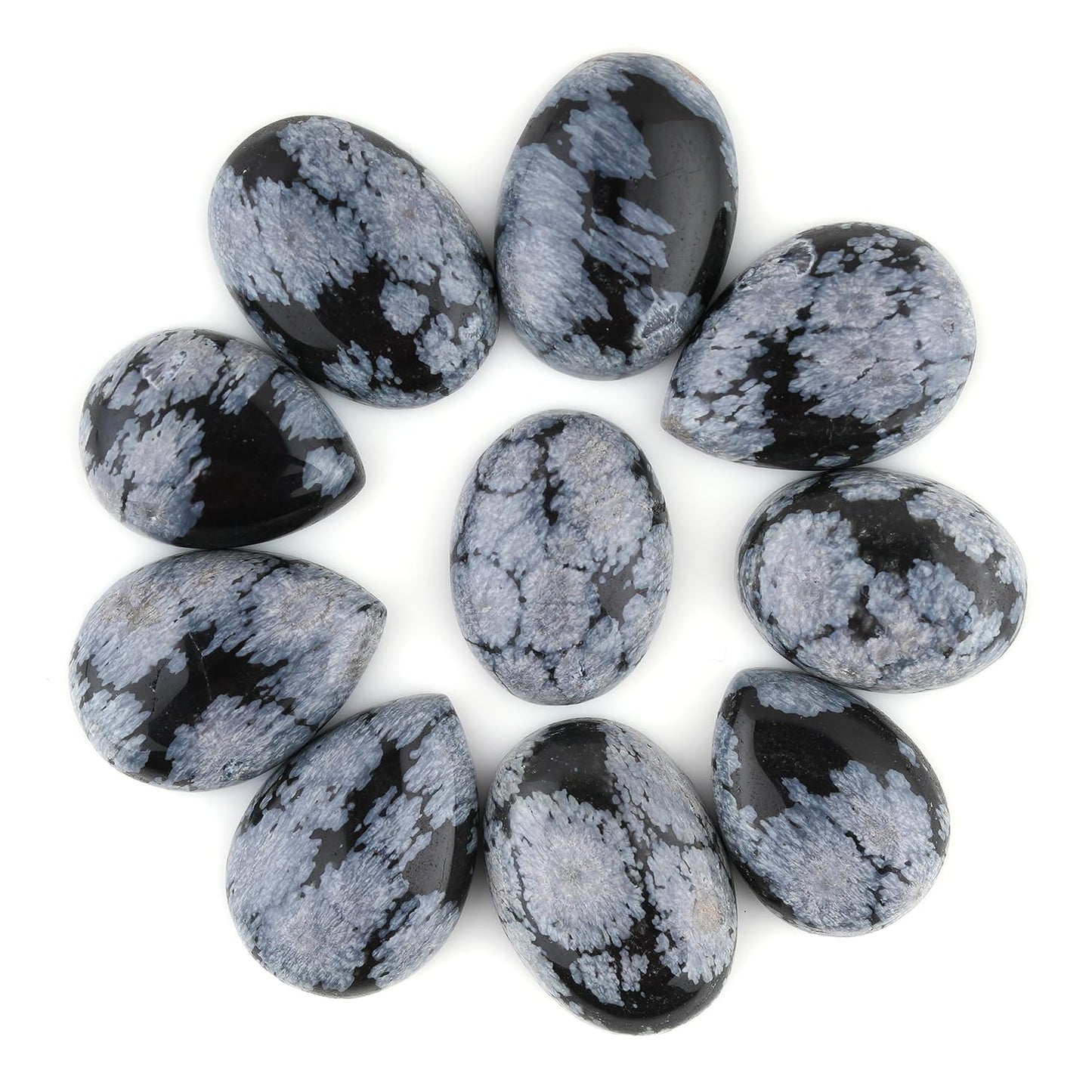 GemSymphony 100 Carat Natural Snowflake Obsidian Gemstone Cabochon Lot Mixed Shapes – 12 pcs Hand Polished Crystal Stones for Jewelry Making, Healing, Reiki, Craft Supplies, Unique Cab Set for Wire Wrapping & Collectors (10-20 mm)