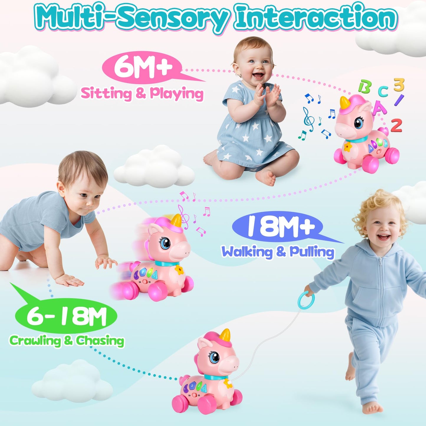Baby Unicorn Toy 6-12-18 Months with Music & Lights Explore Bilingual Educational For Toddler Sensory Development Learning Walking Moving Crawling Tummy Time Toys Christmas Birthday Gifts for Infants