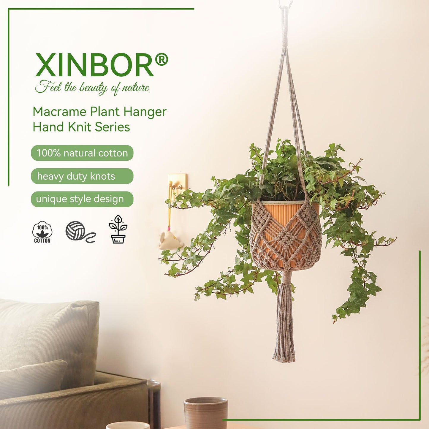 XINBOR Hanging Planter with Patterns,2Packs Macrame Plant Hangers Indoor Macrame for up to 8 inch Pot Crochet Boho Plant Hanger Holder for Indoor Outdoor with 2S Shaped Stainless Steel Hooks (Gray)
