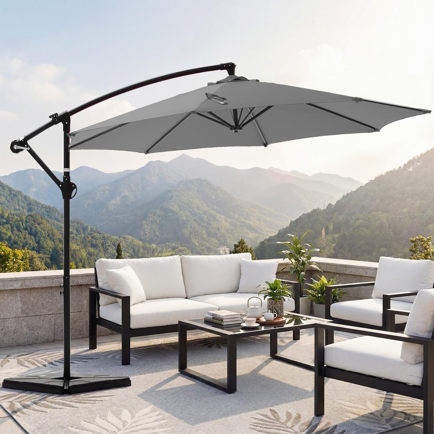 OLIXIS 9.8FT Offset Patio Umbrella with Base, Cantilever Table Umbrellas for Outdoor Sun Shade UV Protection with Easy Tilt Adjustment, 8 Ribs for Backyard, Lawn, Garden, Pool