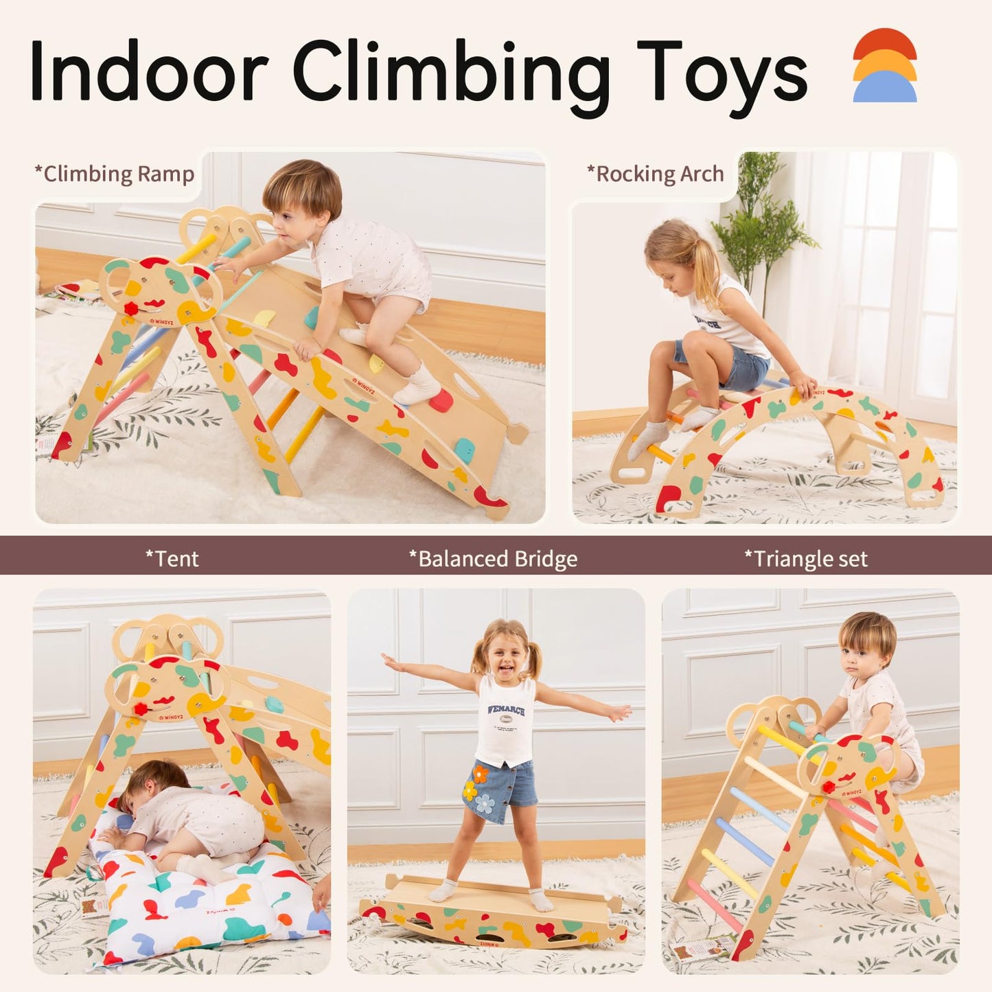WINGYZ Pikler Triangle Set, Montessori Foldable 8-in-1 Jungle Gym & Reversible Animal Slide, Patent-Protected Climbing Set, Safe 2.35" Gap ASTM F963 Standards for Toddlers 18 Months-7 Years (Rainbow)