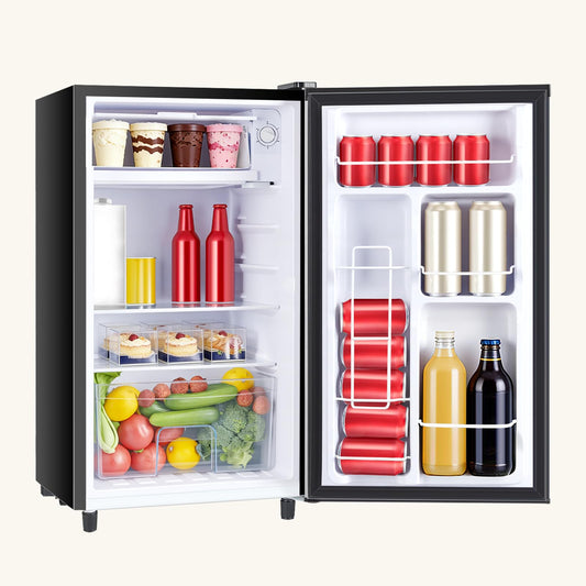 KMFurnila Mini Fridge with Freezer, 3.2 Cu.Ft Mini Refrigerators, Small Beverage Fridge with Adjustable Thermostat, for Bedroom, Office, Dorm, Single Door, Quiet & Energy Saving, Black
