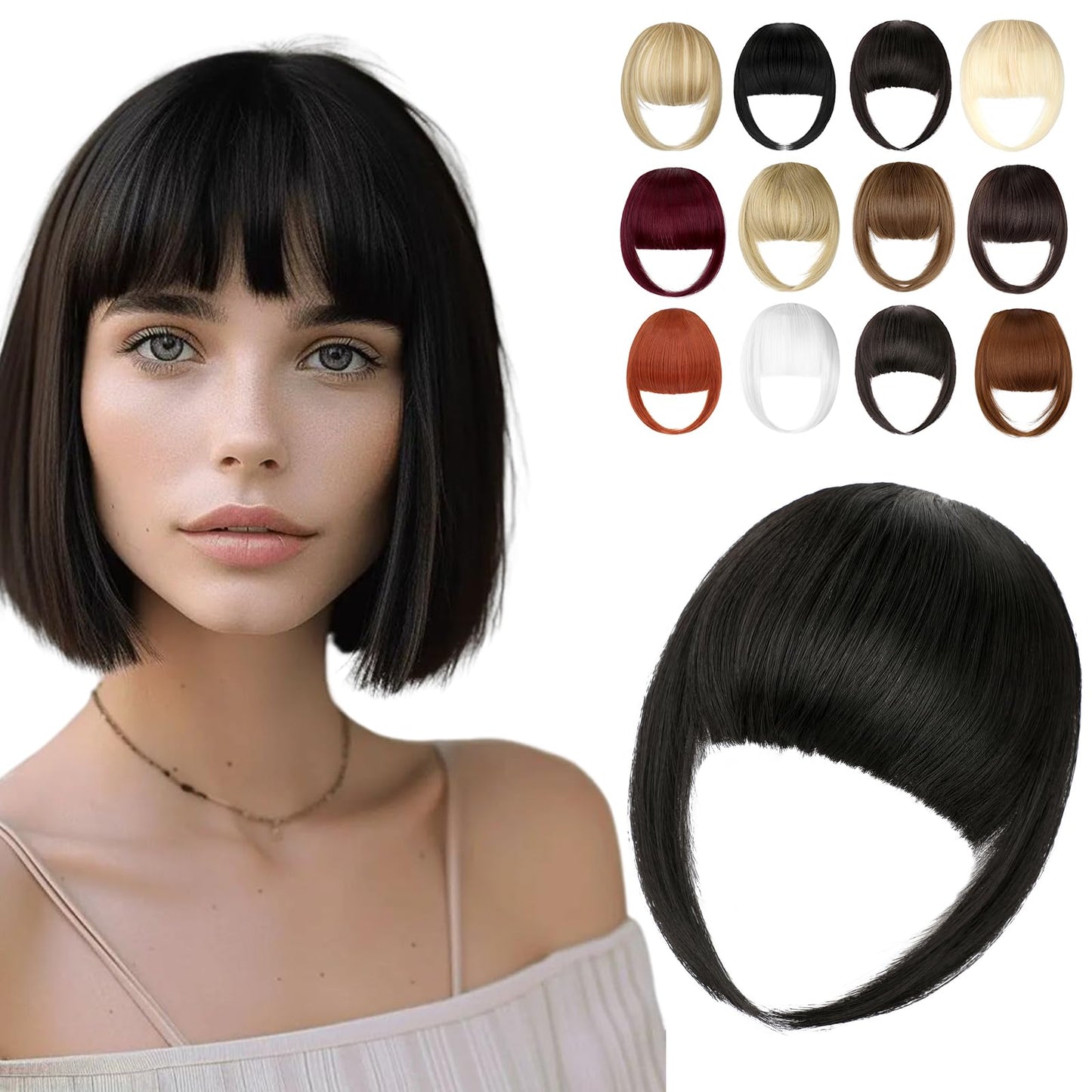 Cephermer Clip in Bangs, Synthetic French Bangs Hair Clip, Fake Bangs Fringe with Temples Hairpieces for Women Natural Curved Hair Extensions for Daily Wear Natural Black