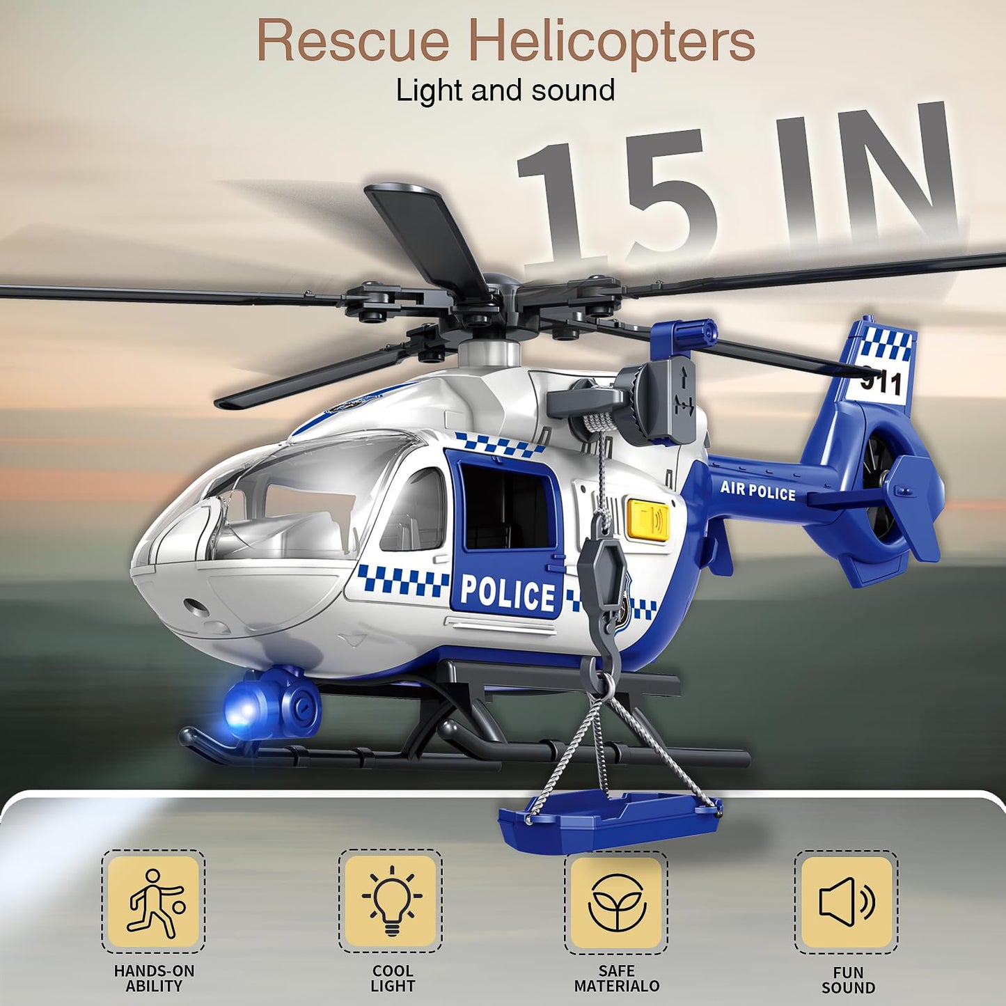 XUEXUE Large Police Helicopter Toy 15 Inch, Kids Helicopter with Crane & Hanging Tray, Toy Helicopter with Lights and Sounds, Helicopter Toys for Kids 3-5, Birthday Gift for Boys Age 3-7