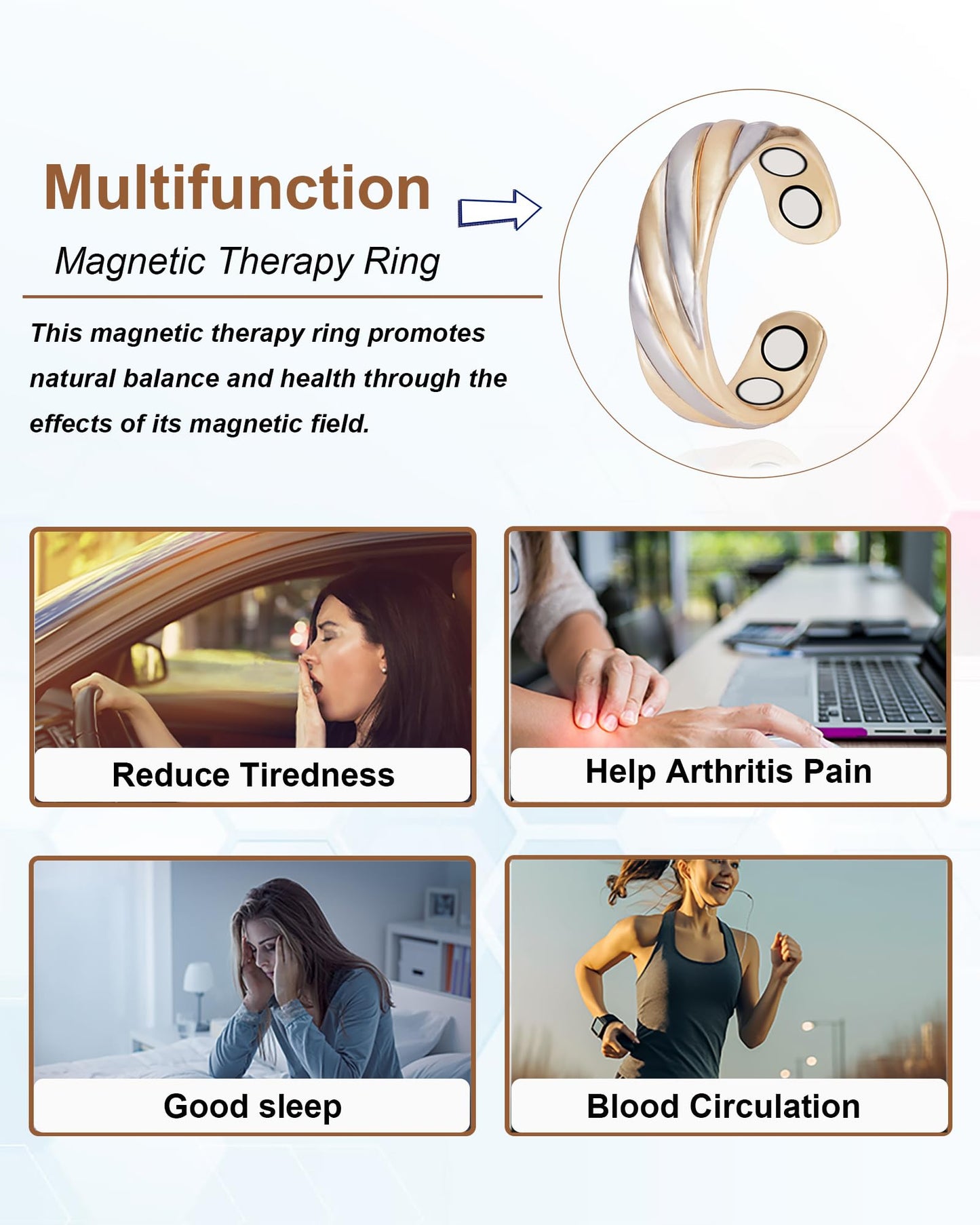 EnerMagiX Copper Rings for Women, Pure Copper Adjustable Magnetic Ring Jewelry, with 3500 Gauss Effective Magnet (Two-color gold)