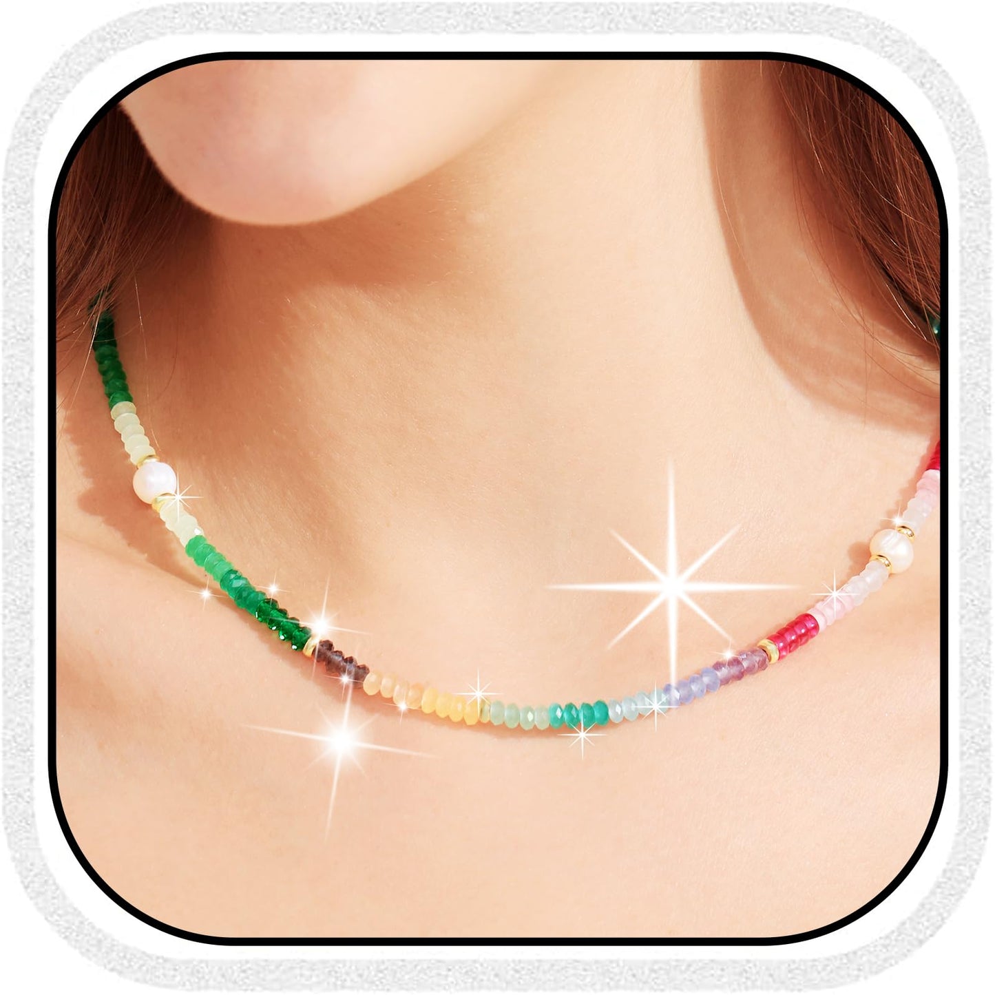 Gmissbabicoo Healing Crystal Necklace for Women Spiritual Ruby Beads Handmade Pearl Gemstone with 18k Golden Plated Colorful Crystals Stones Beaded Adjustable Necklaces with Jewelry Box