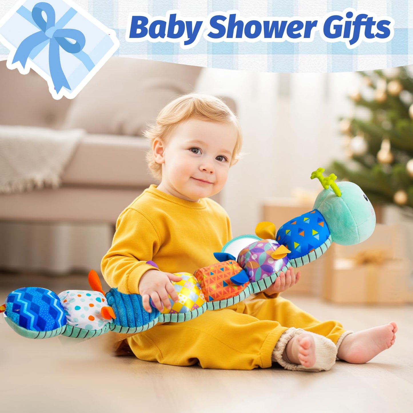 Baby Toys 0-6 Month, Musical Caterpillar Rattle, Infants Sensory Toy with Mirror Crinkle Textures, Newborn Developmental Tummy Time Stuffed Plush Animal toys for Babies Boys Girls 3-6-12 Months (Blue)