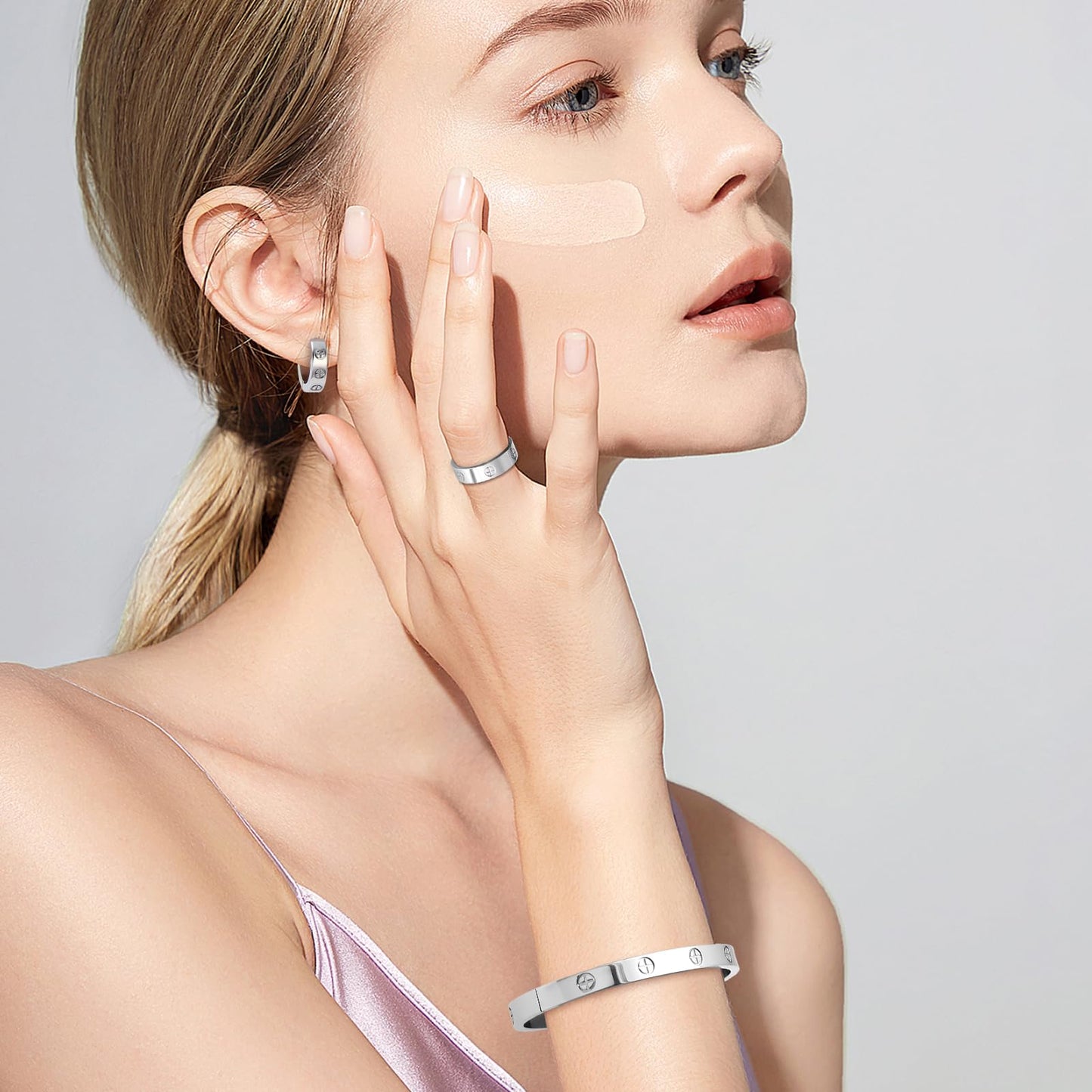 3 Pcs Hoop Earrings Bracelets Ring Sets for Women-18K Gold Plated Love Bracelet Cubic Zirconia Cuff Bangle Hoop Earrings Friendship Love Ring Jewelry Set,Wedding Party Christmas Valentine's Day Birthday Gifts for Her Girlfriend Sister Daughter