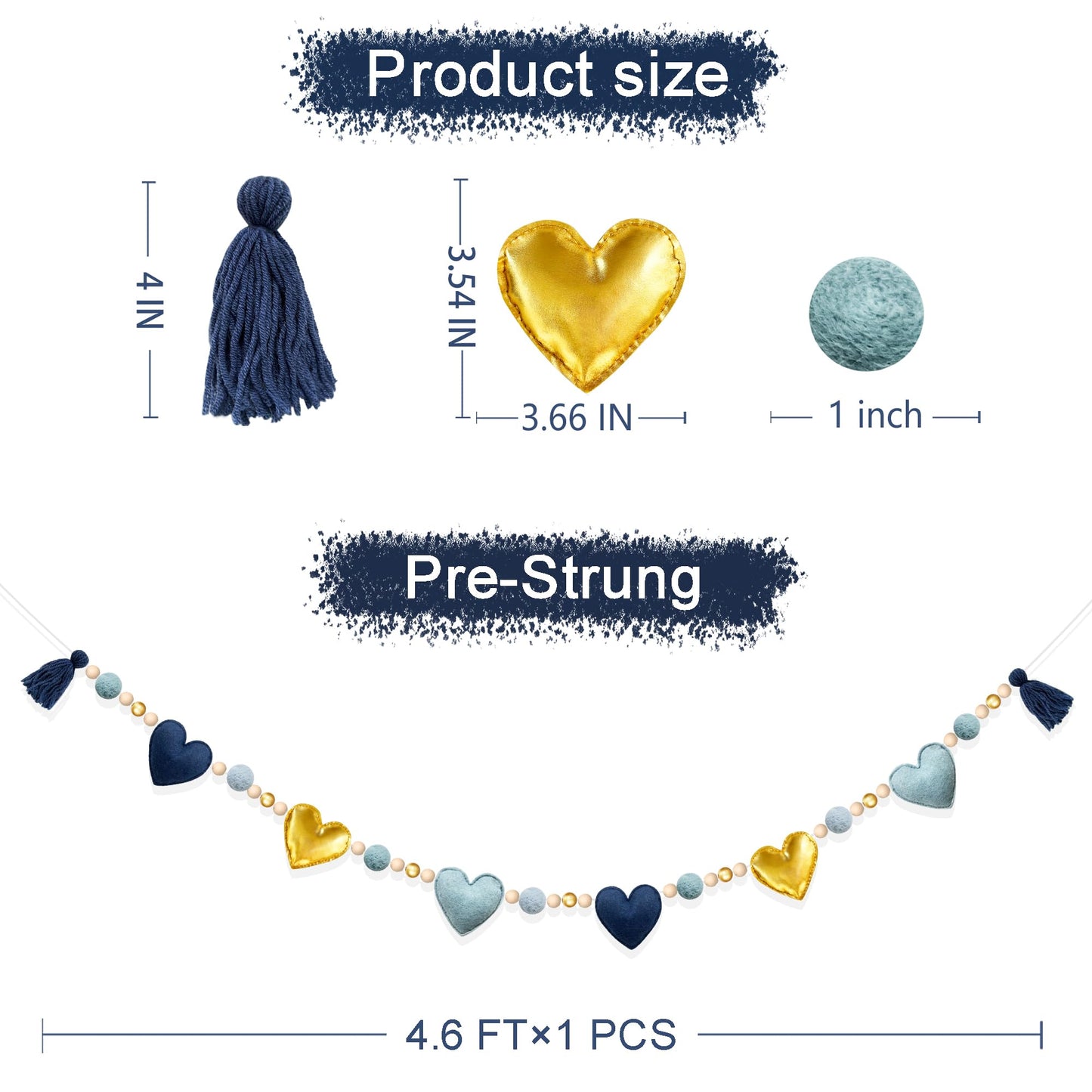 Dusty Blue Gold Heart Decorations Handmade Pre-Strung Felt Heart Banner Wool Felt Ball Wooden Bead Garland for Birthday Baby Shower Anniversary Valentines Day Nursery Classroom Fireplace Home Decor