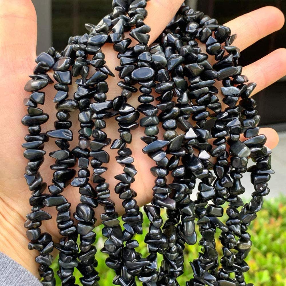 HAAMIIQII 5-8mm Natural Black Obsidian Chips Beads Irregular Chip Stones Loose Gemstone Energy Healing Beads for Jewelry Making Strand 30 Inch