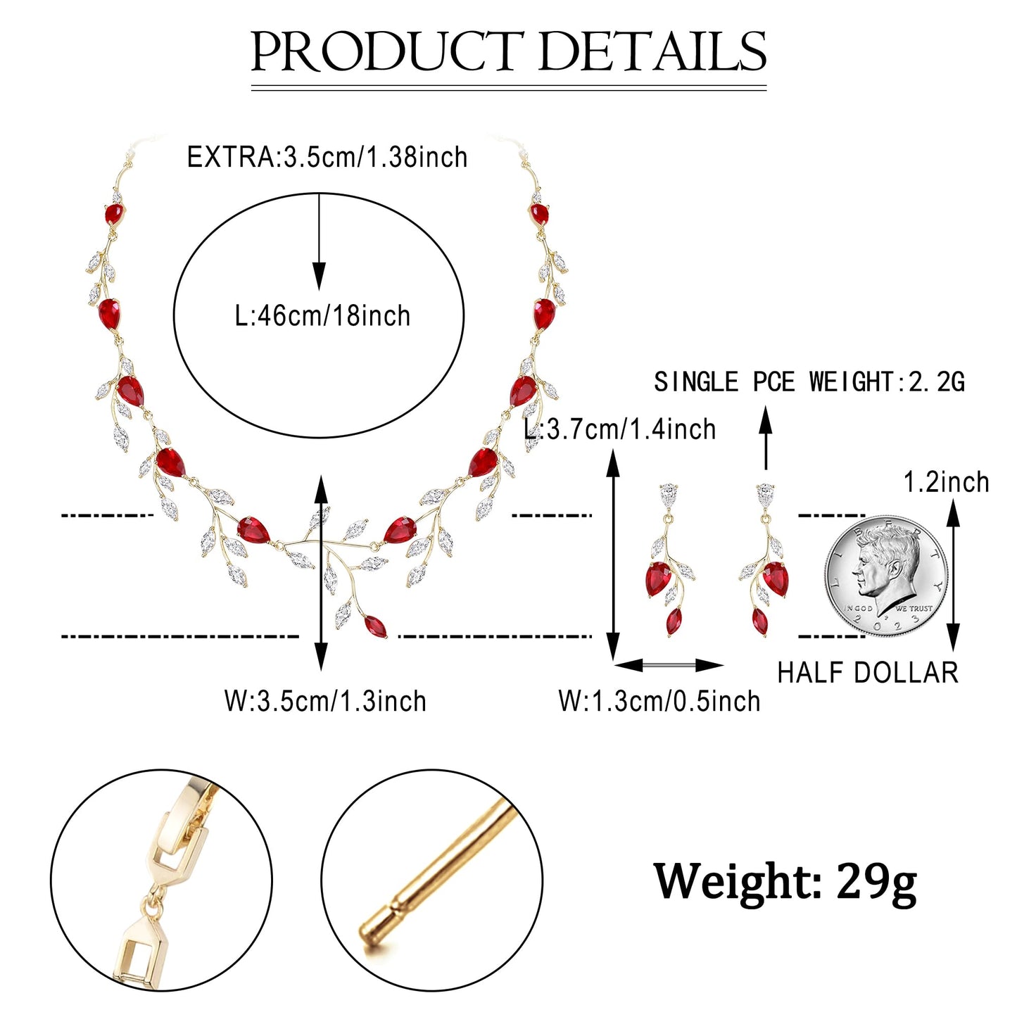 EVER FAITH Party Jewelry Set for Women, Sparkly Cubic Zirconia Pear-Shaped Birthstone Leaf Necklace Earrings Sets for Prom Red Gold-Plated-Brass