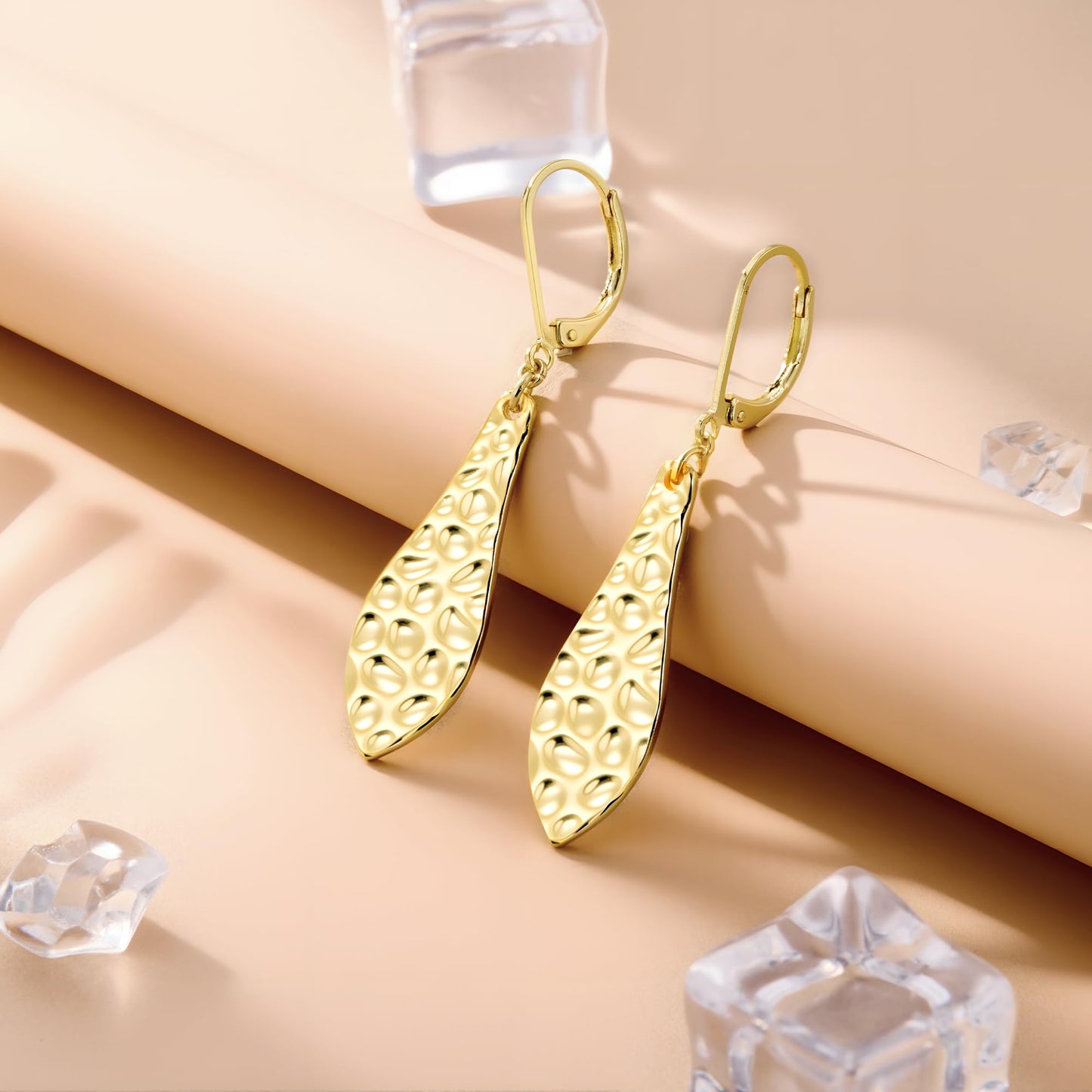 Gold Teardrop Dangle Earrings for Women Trendy Lightweight Hypoallergenic 925 Sterling Silver 14K Goldplated Hammered Dangling Drop Earring Gold Long Teardrop Leverback Earrings for Women Jewelry