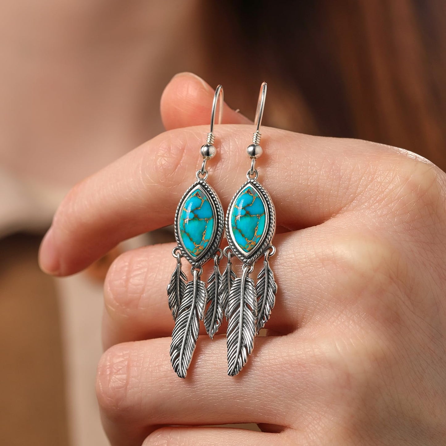 AVECON Genuine Teal Turquoise Feather Dangle Earrings for Women, 925 Sterling Silver Mohave Pierced Drop Earring with Hook and Leaf, Boho Western Country Native American Jewelry for Cowgirl & Cowboy