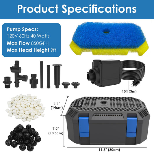 FUMAK Pond Filter & Fountain Kit with 3 Spray Heads, All-in-one 850GPH Pond Fountain Pump with 4-Stage Filtration, for Garden, Water Feature, 500-750 Gallon Outdoor Koi Fish Ponds