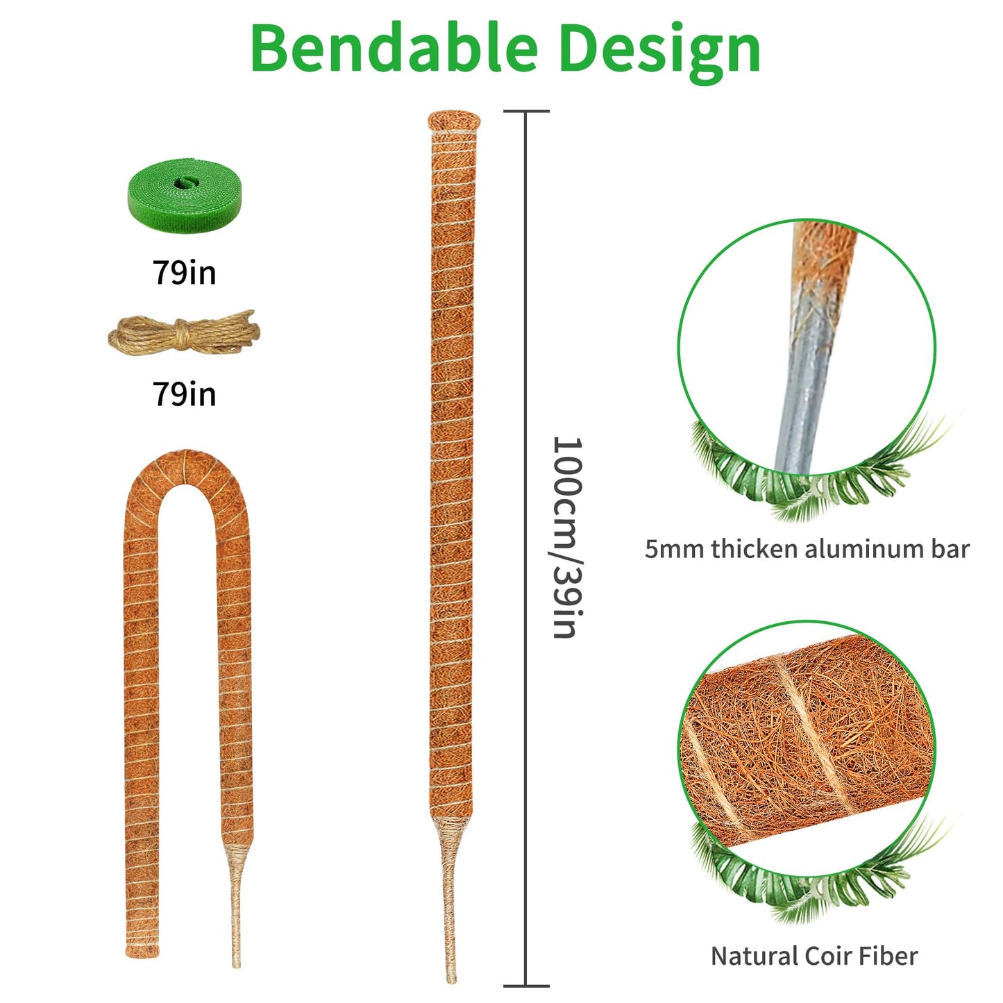 Dimpoo 2 Pack 39 Inch Moss Pole Monstera Plant Support, Coir Moss Poles for Climbing Indoor Plants, Bendable Plant Stake Trellis for Potted Plant, Pothos, Philodendron